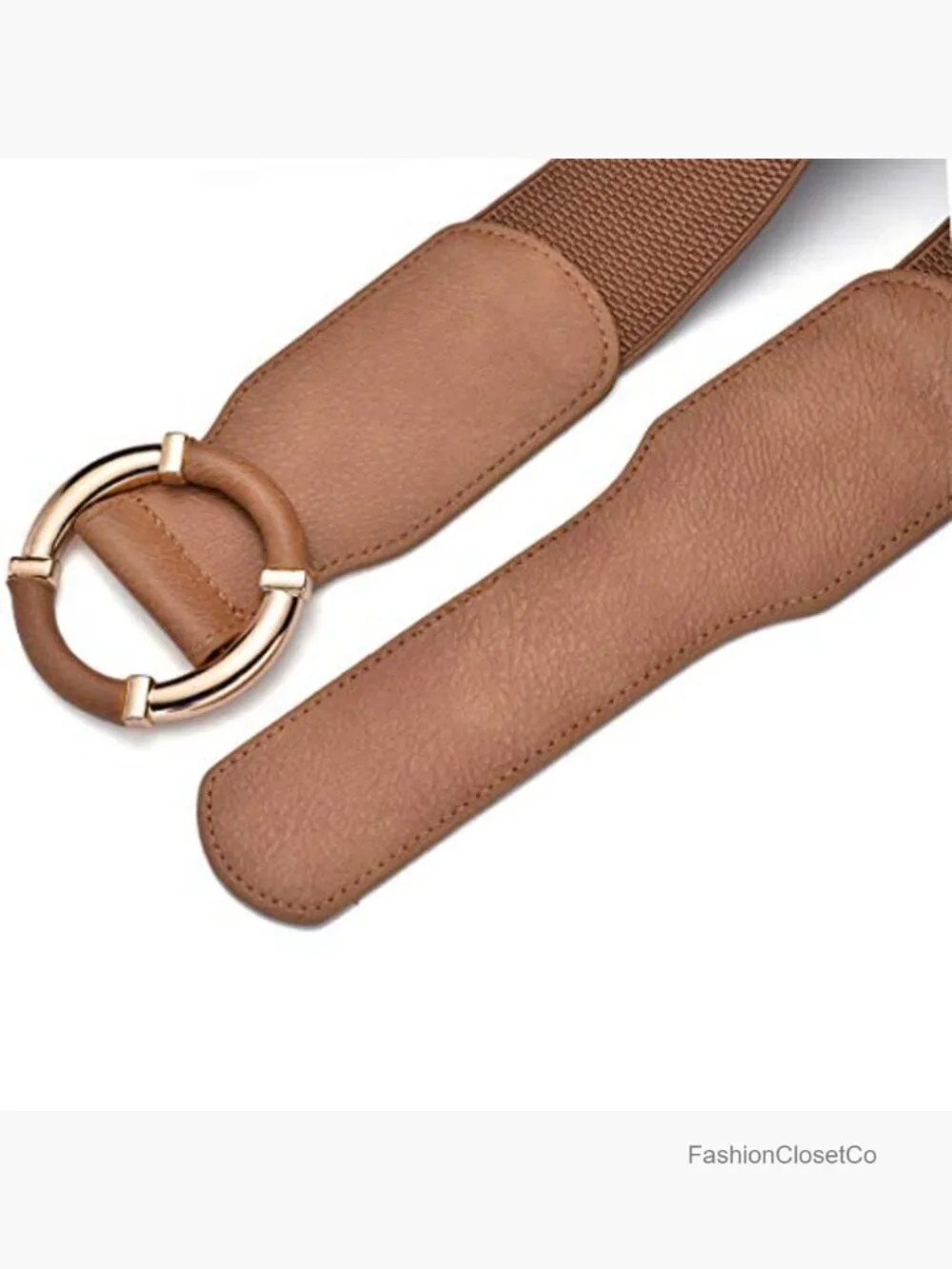 Stretchy Wide Waist PU Leather Elastic Dress Belt with Gold Buckle